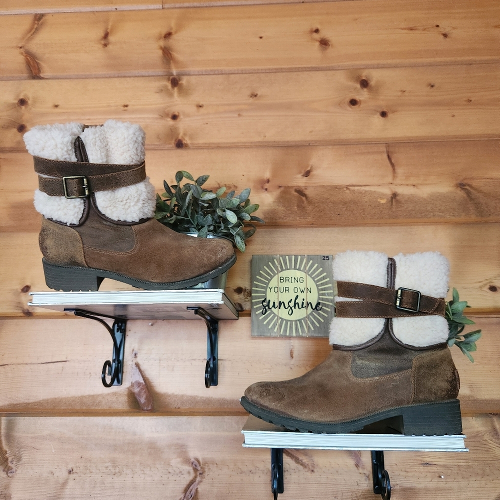 UGG Blayre III Chipmunk Waterproof Leather Fur Wool Cuff Ankle Boots Heel Sz 8.5